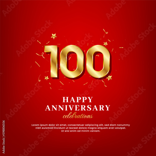 100 years of golden numbers, anniversary celebrating text, and anniversary congratulation text with golden confetti spread on a red background