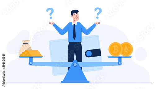 Business people with balance scales gold VS cryptocurrency concept.