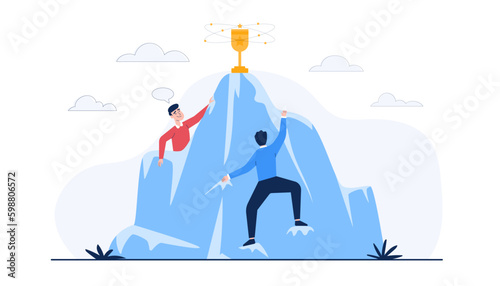 Businessmen climb to compete for trophies. Business competition for market winners. Winning strategy in business concept.