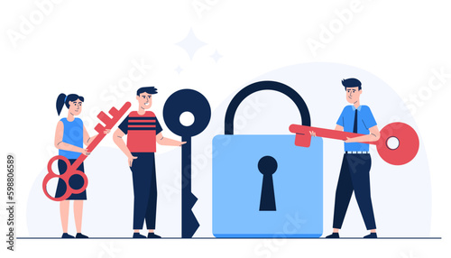 Match key for unlock file protection. man using security key to access digital file Secure internet connection.
