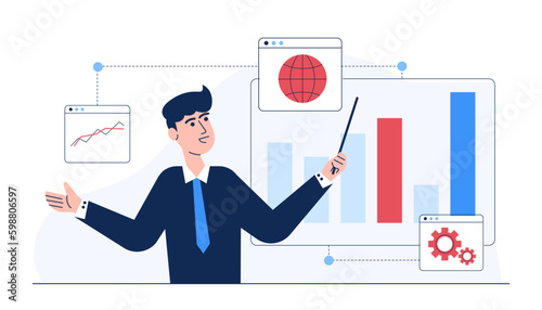 Expert marketing broker stock trader present stock market in year showing growth rates on board isolated.