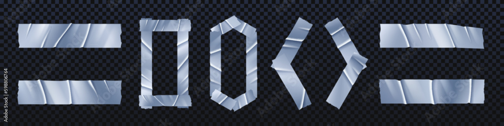 Realistic set of silver adhesive tape pieces isolated on transparent background. Vector illustration of gray scotch strips with wrinkled glossy surface. Material for fixing, packaging, fastening Realistic set of silver adhesive tape pieces isolated on transparent background. Vector illustration of gray scotch strips with wrinkled glossy surface. Material for fixing, packaging, fastening