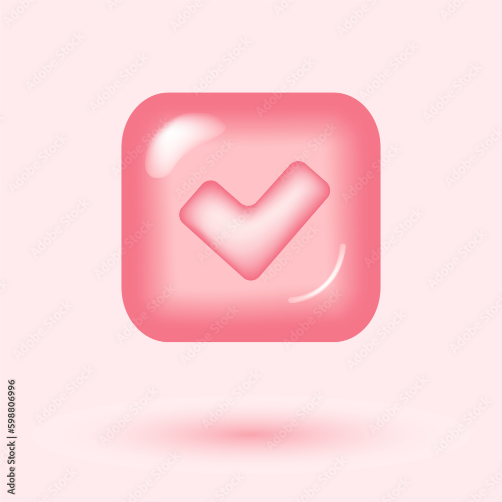 Check mark tick icon vector symbol, cartoon pink 3d checkmark isolated ...