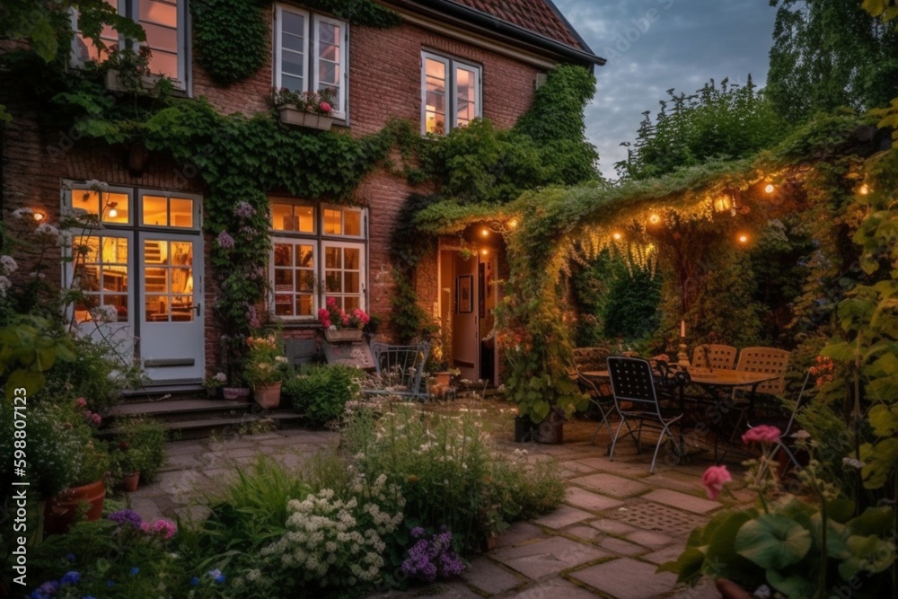 Summer evening on the patio of beautiful suburban house with lights in the garden garden Summer evening on the patio of beautiful suburban house with lights in the garden garden