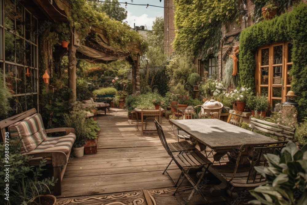 Fototapeta premium Beautiful wooden terrace with garden furniture surrounded by greenery on a warm, summer day