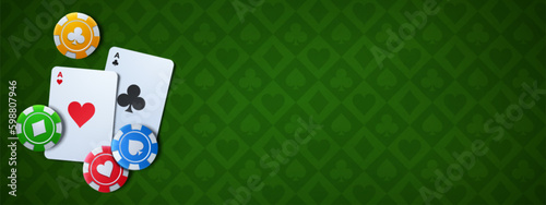 Realistic ace cards and chips on green casino table background. Vector illustration of gambling tokens with hearts, spades, clubs, diamonds icons. Poker match banner template. Chance to win jackpot