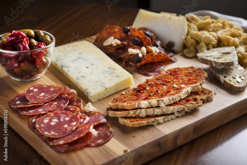 Wooden serving boards topped with salami,cheese, Sliced sundried tomatoes and Italian seasonings. Generated Ai