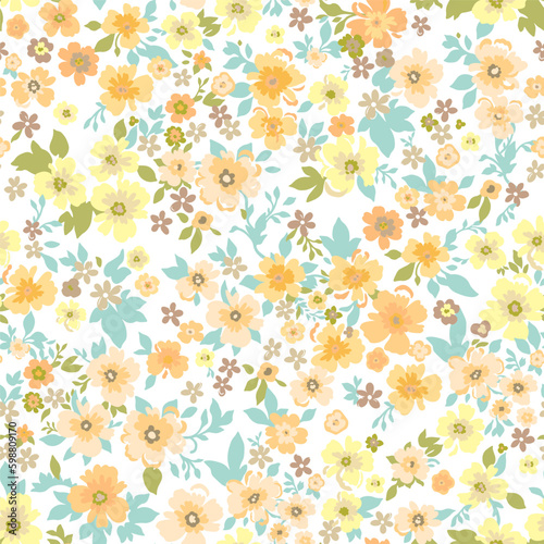 Seamless vintage pattern. Light background. Large yellow and orange flowers. Vector texture. Fashionable print for textiles and wallpaper.