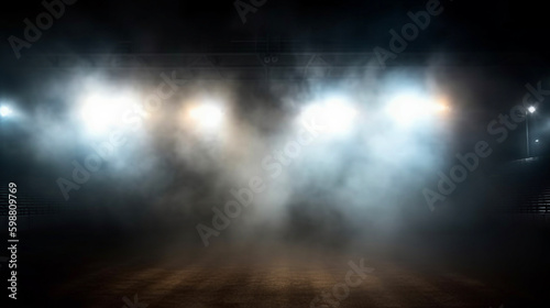 Bright stadium arena lights and smoke in the dark