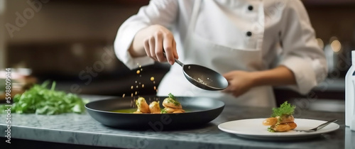 A chef is sprinkling sauce on a plate of food.