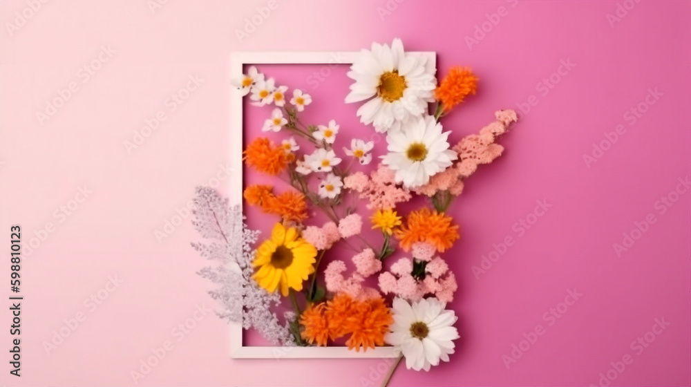 European wildflower posy abstract border on pink background with Minimal abstract frame