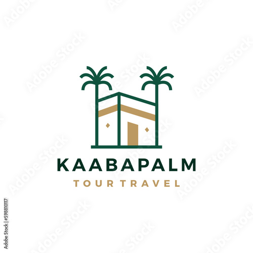 Kaaba Palm Dates Tree Hajj Umrah Tour Travel Outline Logo Vector Icon Illustration
