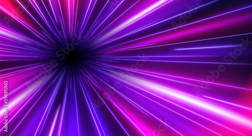 Hyperspace warp speed light effect background. Galaxy hyper space vector velocity tunnel motion. Futuristic travel in cyber universe illustration. Neon highway fast move radial illustration design
