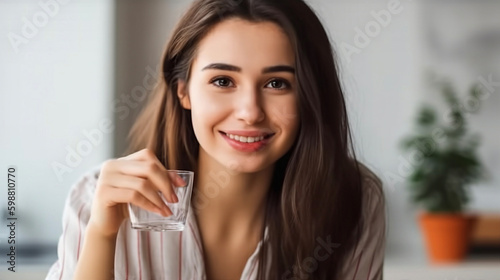 A woman is drinking a glass of water.