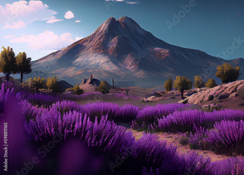 Snow-Capped Mountain Peaks Rising Above a Lush Sea of Fragrant Lavender Fields in Purple and Magenta Colors: , Basking in the Golden Glow of and Pink Touch of Nature