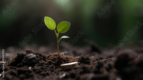A Small Plant Growing in the Soil. Close-up Picture. Generative AI
