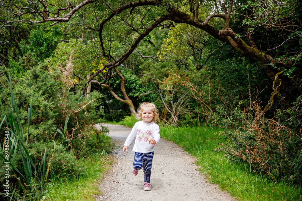 Cute little happy toddler girl running on nature path in Connemara national park in Ireland. Smiling and laughing baby child having fun spending family vacations in nature. Traveling with small kids Cute little happy toddler girl running on nature path in Connemara national park in Ireland. Smiling and laughing baby child having fun spending family vacations in nature. Traveling with small kids