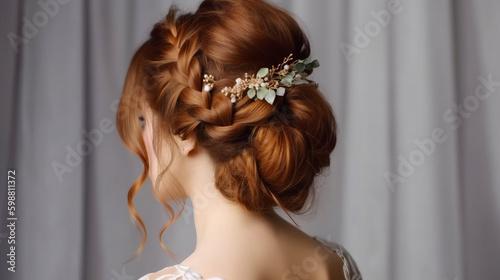 Wedding female hairstyle low beam on the head of a brown-haired girl back views on a light background.