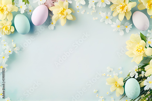 Easter eggs and spring flowers on blue background. Top view. AI Generative