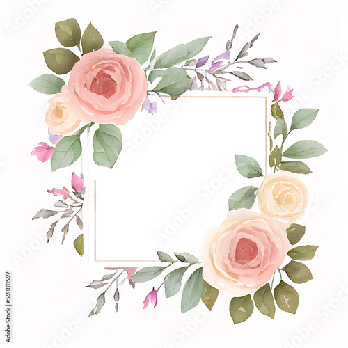 Watercolour floral frame with pink roses, green leaves and branches on white background. AI Generative