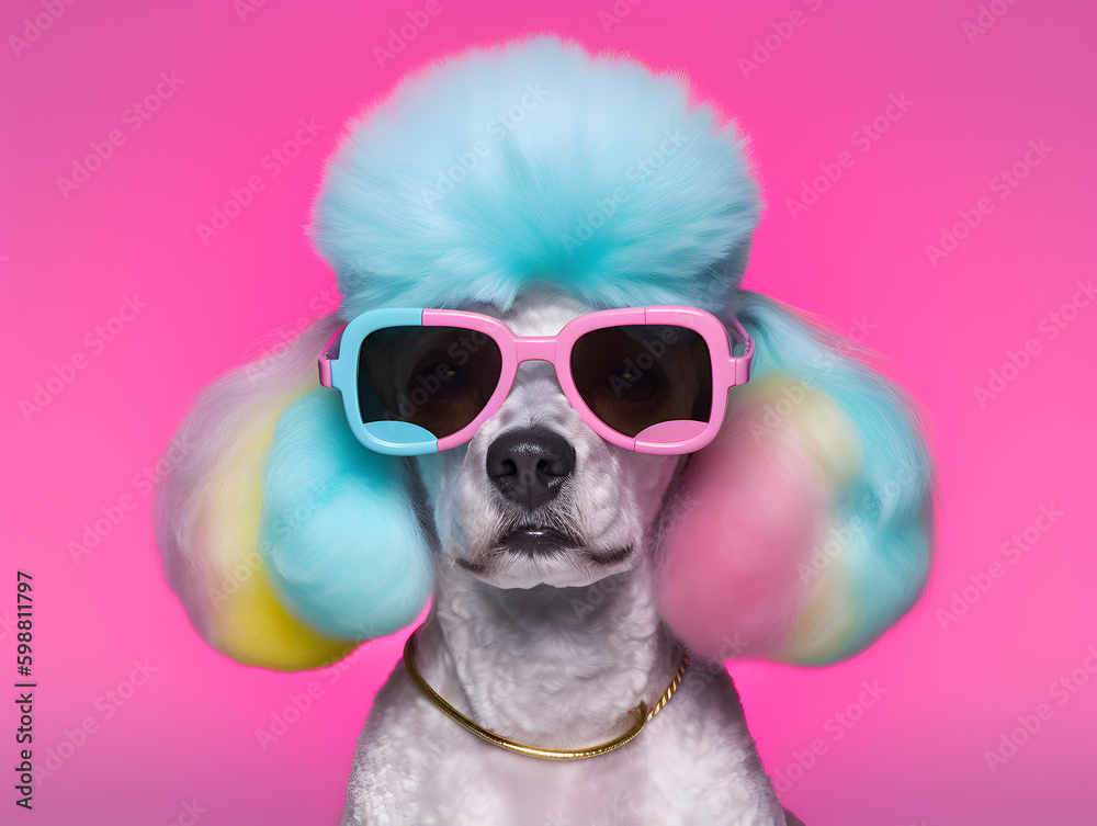 Fashionable poodle pet dog wearing sunglasses.