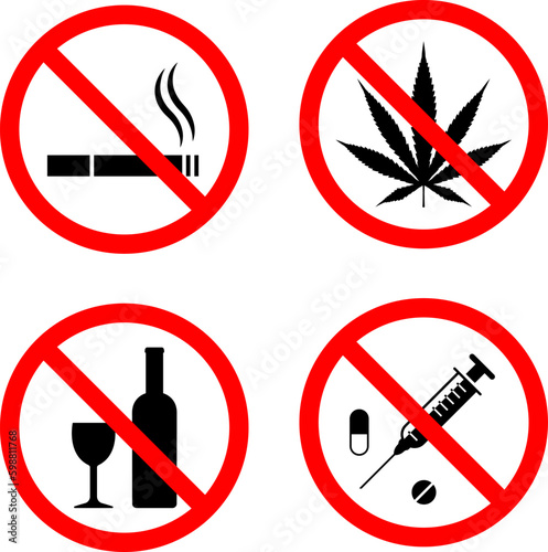 No Smoke Cigarette, Drink Alcohol, Drug and Pill Sign Icon. Addiction Forbidden Pictogram. Warning Not Narcotic Symbol. Isolated Vector
