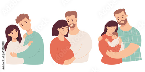 Set Happy family. Cute in love couple with pregnant woman and pair with newborn baby. Isolate vector illustrations in cartoon flat style. Future parents, pregnancy motherhood, parenthood concept.