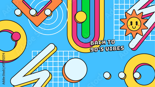 90s vibes set. Trendy 1990s elements collection. Retro technic, things, entertainment and music equipment isolated on colorful background. Back to 90s vector flat illustration