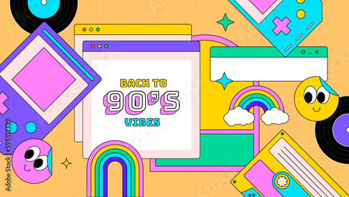 vector hand drawn flat nostalgic 90's social media post template