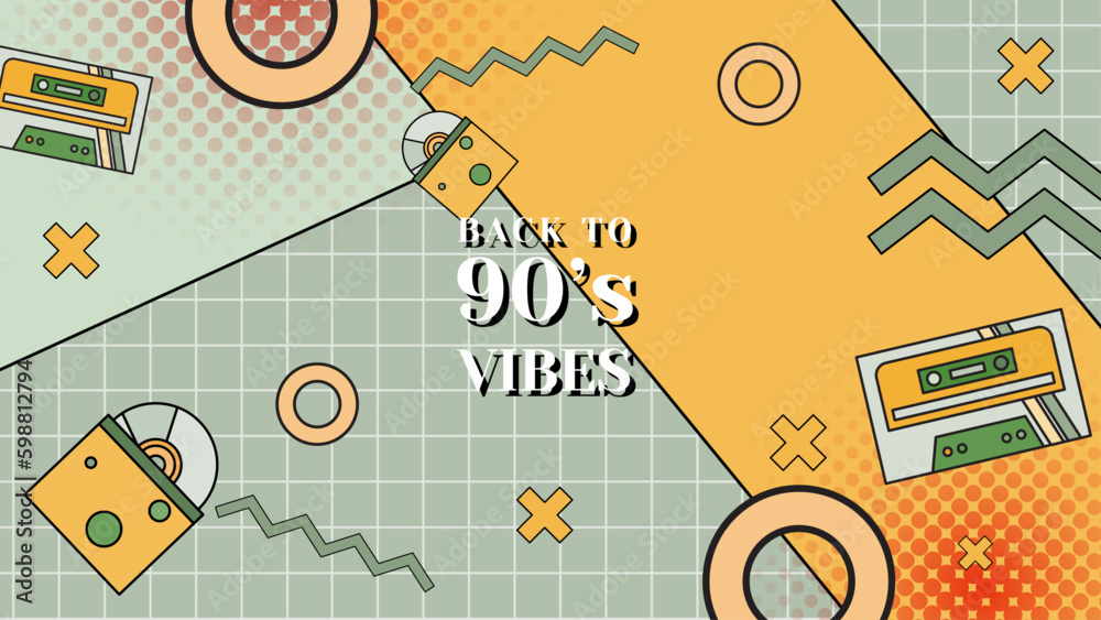 Back to 90's vibes poster, 90s retro party cartoon background