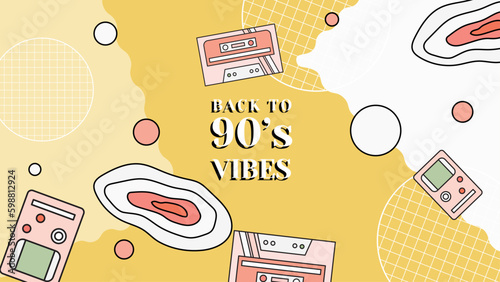 90s vibes set. Trendy 1990s elements collection. Retro technic, things, entertainment and music equipment isolated on colorful background. Back to 90s vector flat illustration
