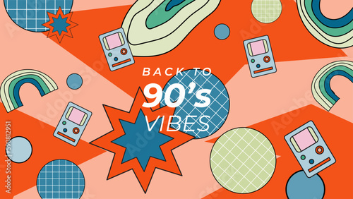 90s vibes set. Trendy 1990s elements collection. Retro technic, things, entertainment and music equipment isolated on colorful background. Back to 90s vector flat illustration