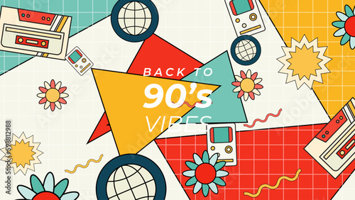 Back to 90's vibes poster, 90s retro party cartoon background