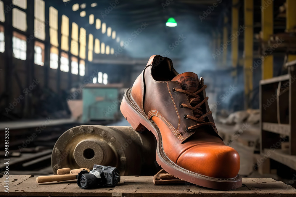 A leather personal safety shoes is placed at the workplace with construction site as background, Industrial safety PPE object. Generative Ai image.	
 - obrazy, fototapety, plakaty 
