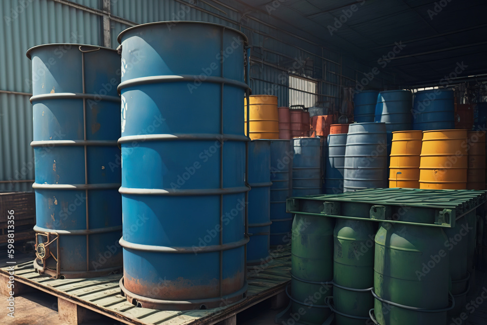 Metal barrels, hazardous chemical containment, acid or flammable material that stored at industrial storage area. Generative Ai image.
Metal barrels, hazardous chemical containment, acid or flammable material that stored at industrial storage area. Generative Ai image.