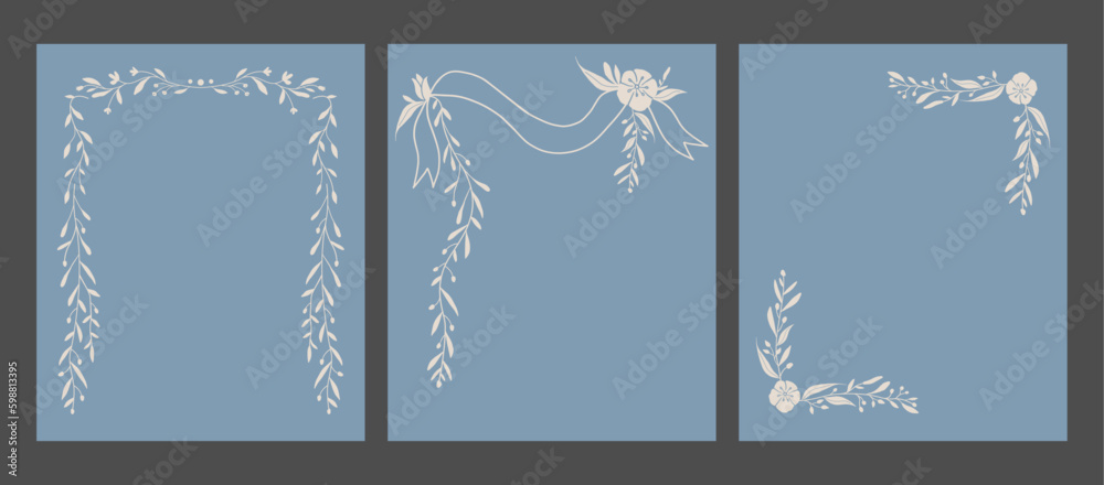 Set of 3 flower and leaf frame decoration. Botanical wreath, border, garland illustration.