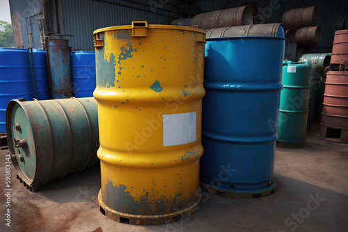 Metal barrels, hazardous chemical containment, acid or flammable material that stored at industrial storage area. Generative Ai image. 