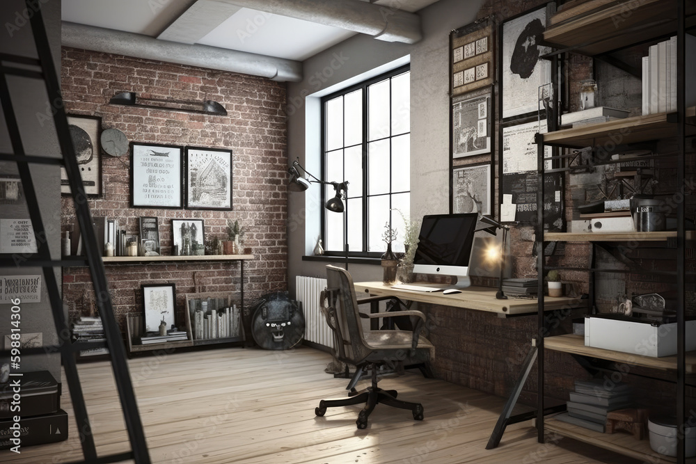 Fototapeta premium Office interior with grunge brick wall. Generative AI.