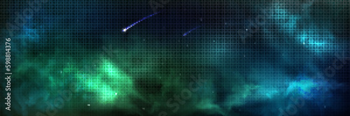 Green nebula galaxy background abstract sky light. Night aurora vector texture with star or comet falling in cosmos. Magic northern concept with bright borealis shine realistic banner backdrop.