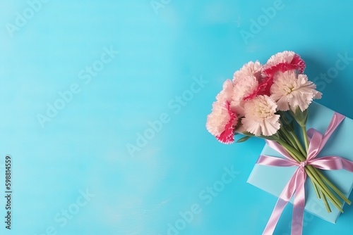 Concept of Mother's day holiday greeting gift with carnation bouquet on bright blue table background, bouquet of pink roses, Generative AI