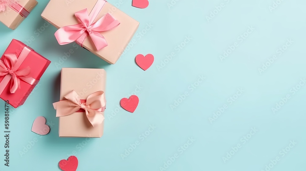 Mother's Day memories concept. Top view flat lay photo of gift boxes with pink ribbons, carnation flowers, and pink paper hearts on pastel blue background with empty space for text or advert