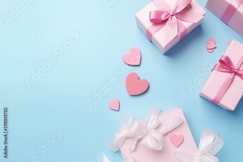 Mother's Day concept. Top view flat lay photo of gift boxes with pink ribbons, carnation flowers, and pink paper hearts on pastel blue background with empty space for text or advert, Generative AI
