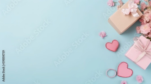 Mother's Day concept. Top view flat lay photo of gift boxes with pink ribbons, carnation flowers, and pink paper hearts on pastel blue background with empty space for text or advert, Generative AI © Ameer