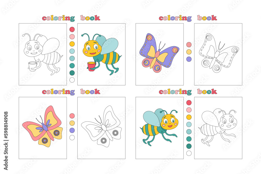Big album page of children's coloring book with funny bees and butterflies. Cute hand drawn characters for coloring. Coloring book with palette for youngest. Children Education. Vector illustration