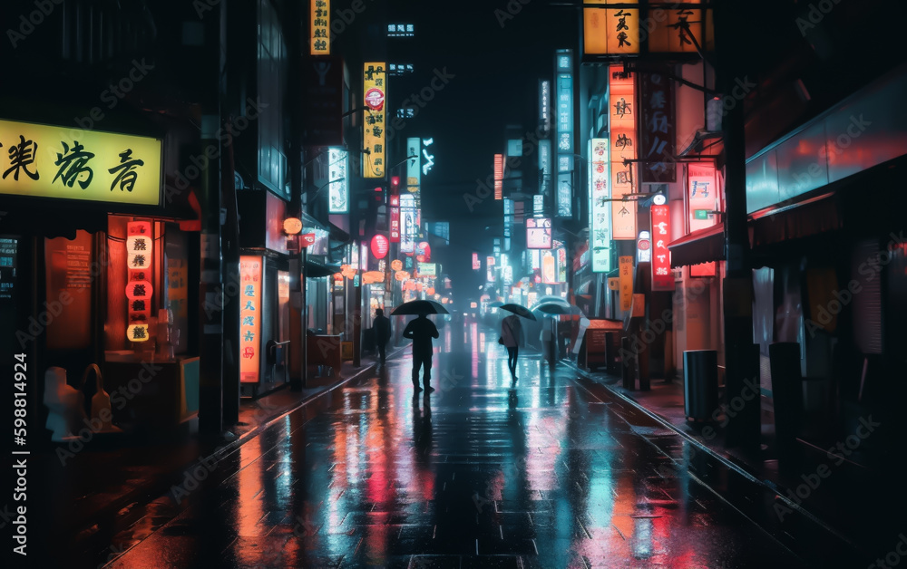 Japanese street with colorful neon signs lighting up a cark rainy night with reflections in the puddles on the street. shallow depth of field, Illustrative Generative AI
