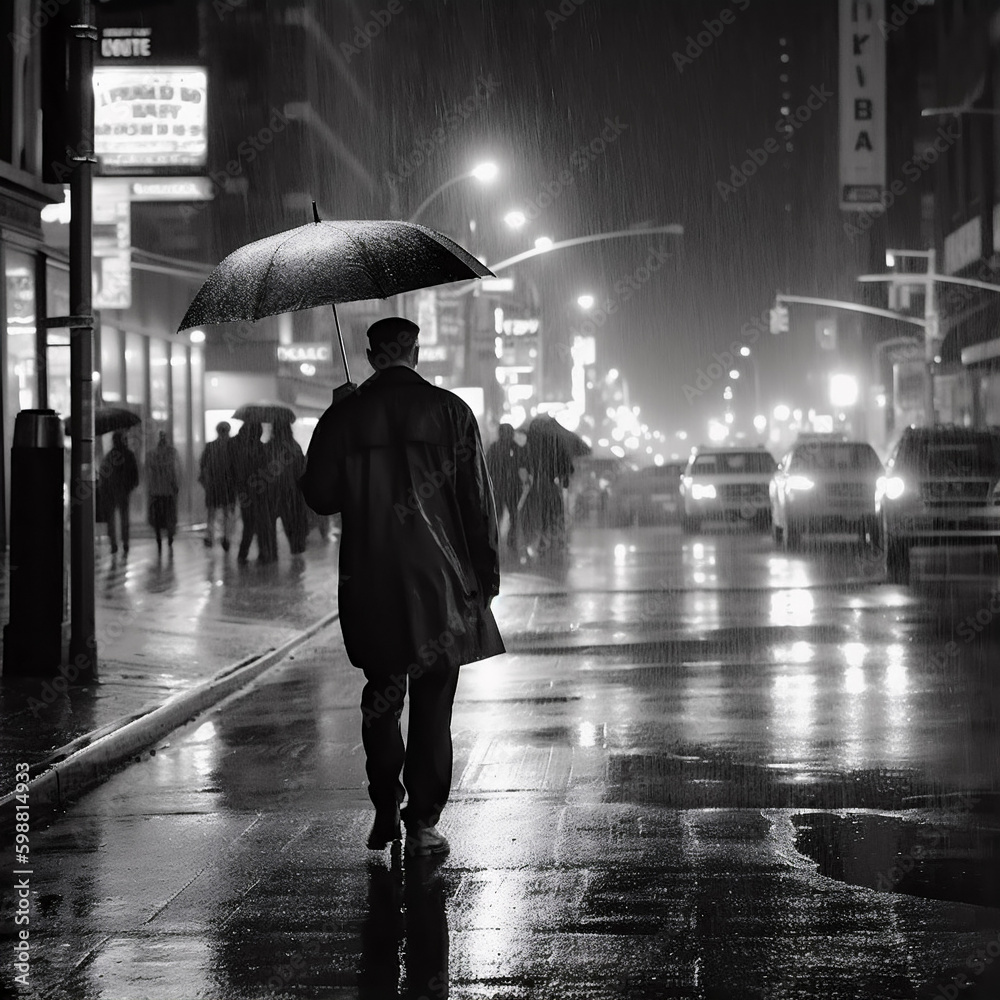 Man holding an Umbrella walking in the rain in a New York or urban city ...