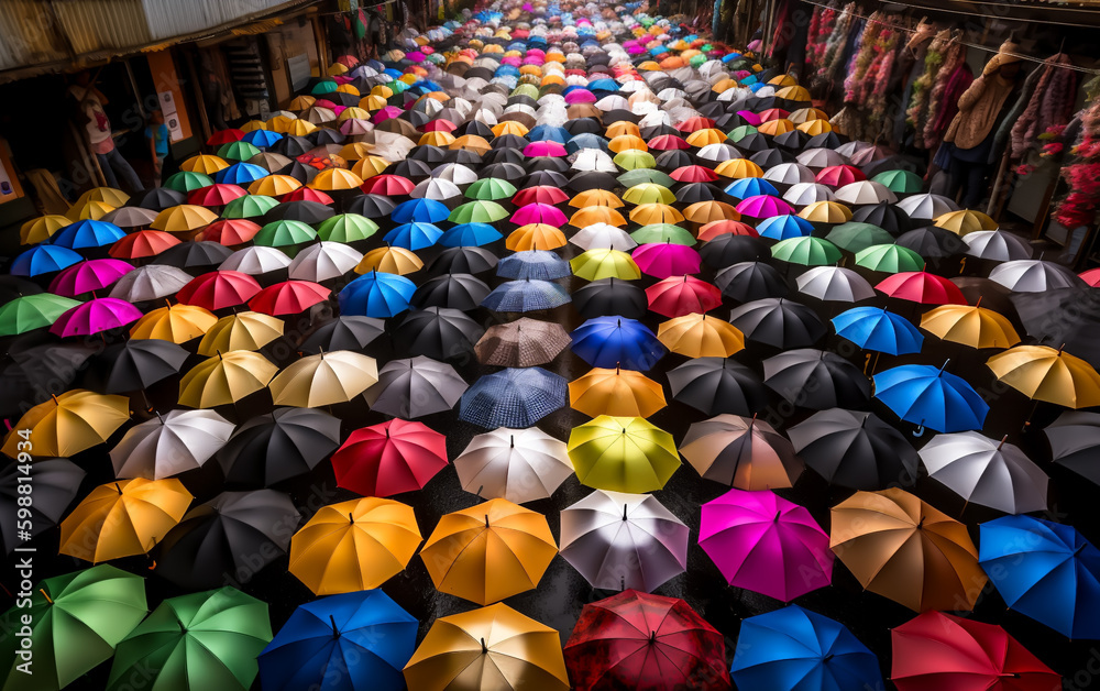 Fototapeta premium Street full of colorful umbrellas creating a bright and cheerful artistic background, shallow depth of field, Illustrative Generative AI