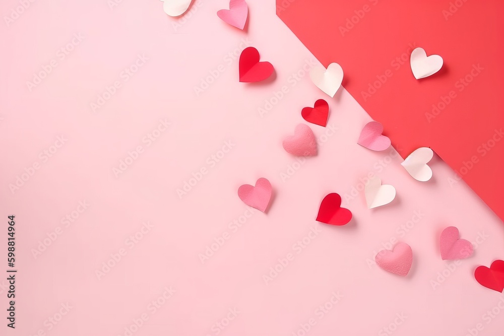 Mother's Day concept. Top view photo of pink and red origami paper hearts on isolated pastel pink background with blank space, Generative AI
