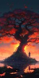 fire sunset over old oak tree