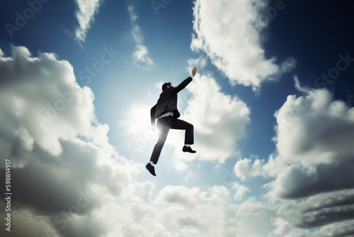 A businessman in a suit jumps with joy, celebrating success and achievement, blue skies and puffy clouds in the background. shallow depth of field, Illustrative Generative AI. Not a real person.